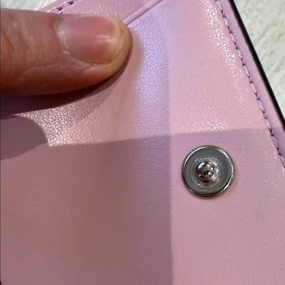 Coach Beige Signature Trifold Wallet- Pink Leather Interior